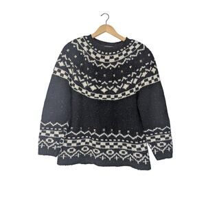 Vintage Kitty Hawk Punk Grunge Speckled Fair Isle Black and White Sweater